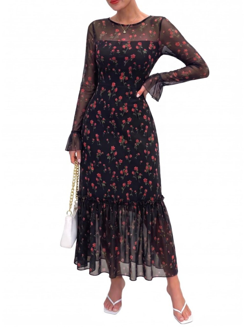 Women's Long Sleeve Floral Mesh Maxi Dress Wedding Guest Dresses